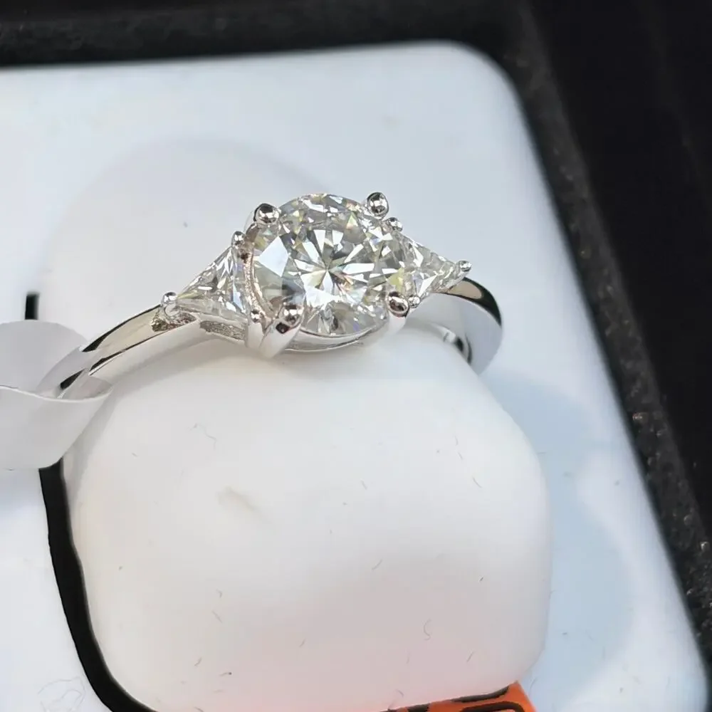 Moissanite 3 Stone Ring w/ Trillion Accents 925 Sterling Silver Size 7 NIB
